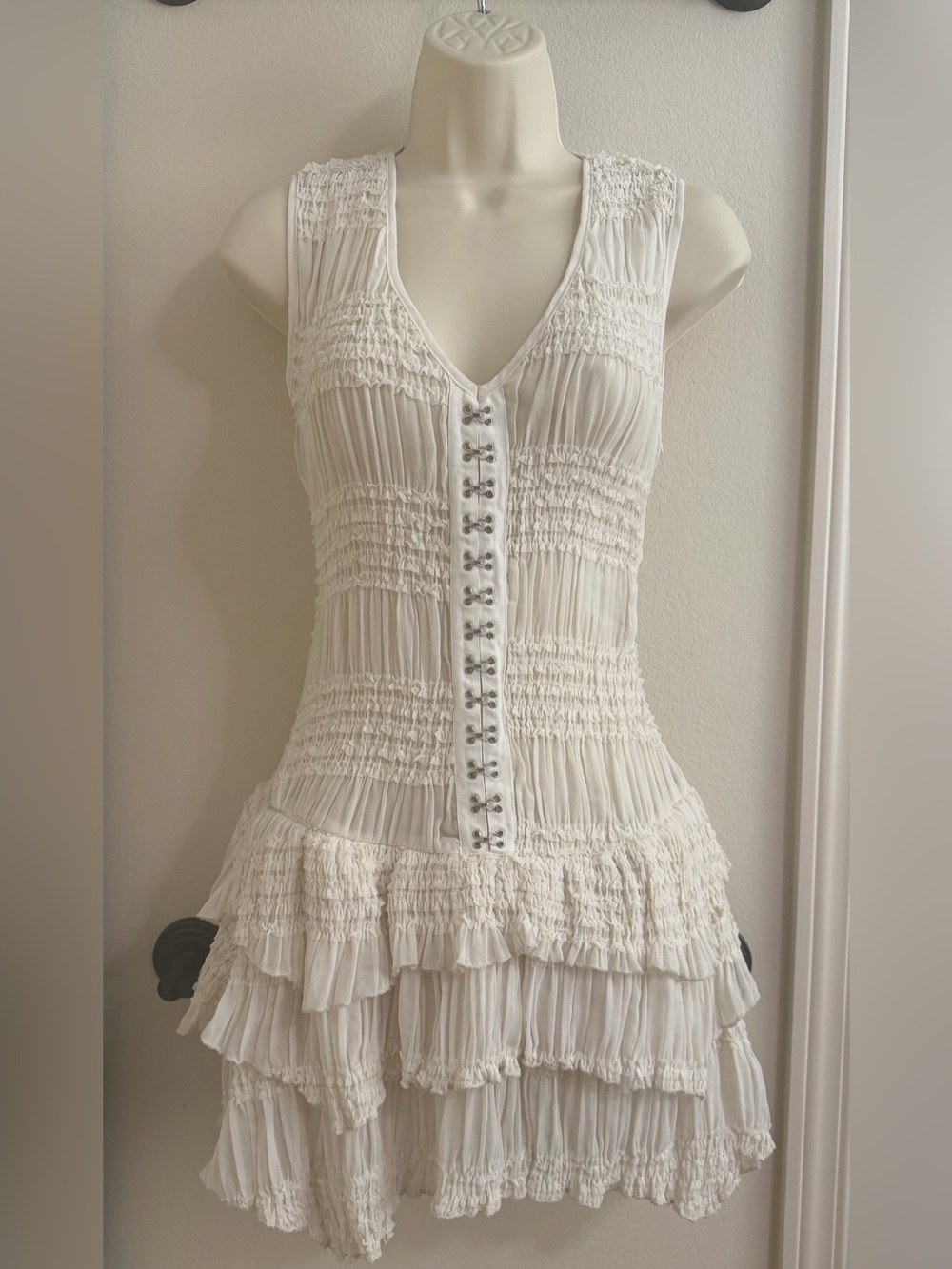 PRETTYLITTLETHING Cream Hook And Eye Ruffle Dress Small